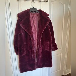 Oversized plum faux fur coat